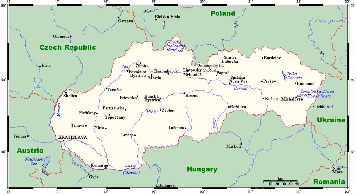 kartē ar pilsētām, Slovākija