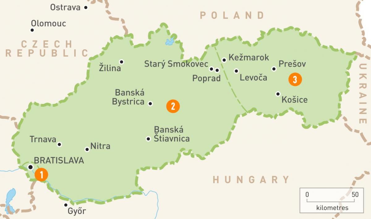 karte Slovākija reģionos